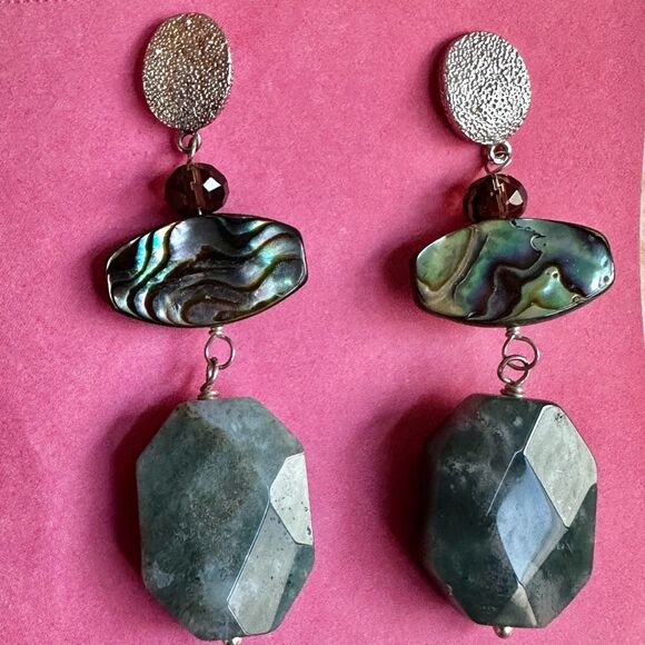 Sterling Silver Abalone  smoky quartz & Moss Agate Dangle Earrings - Picture 8 of 9